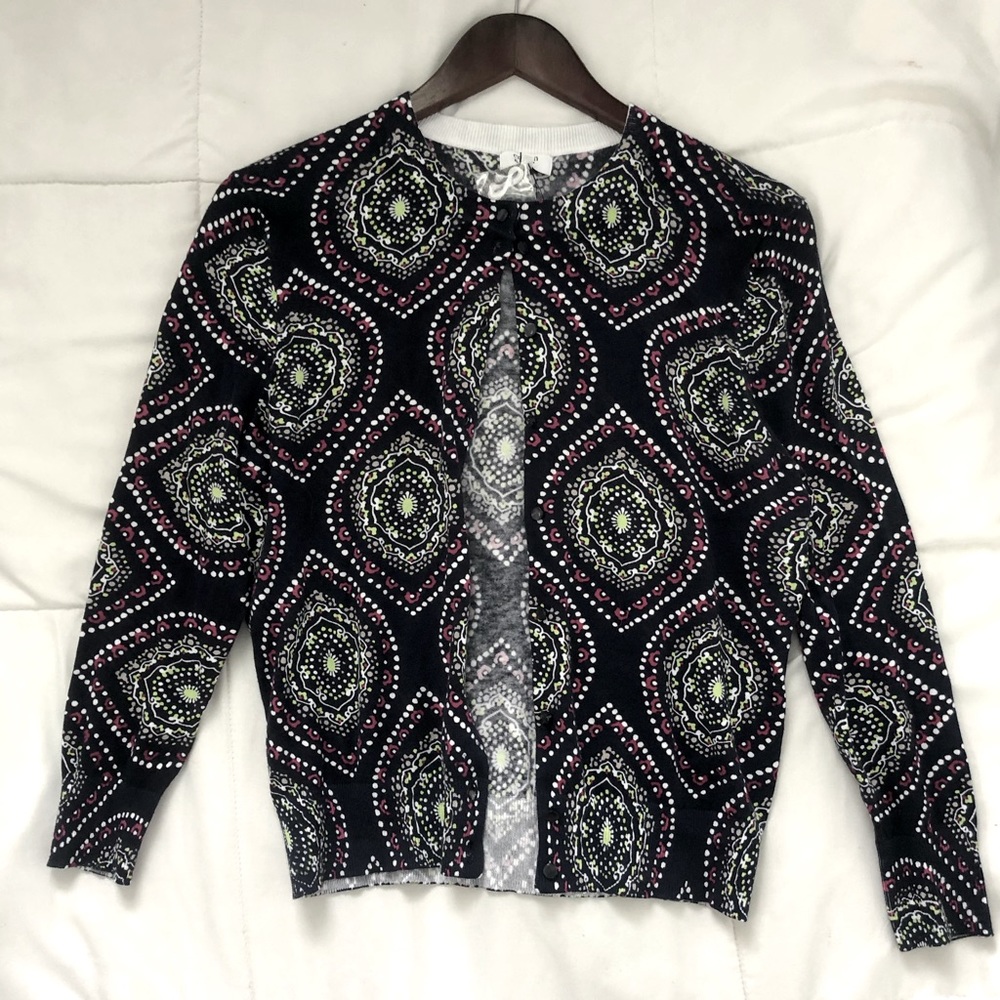 crown & ivy Black Cardigan with Pink and Lime Pattern
